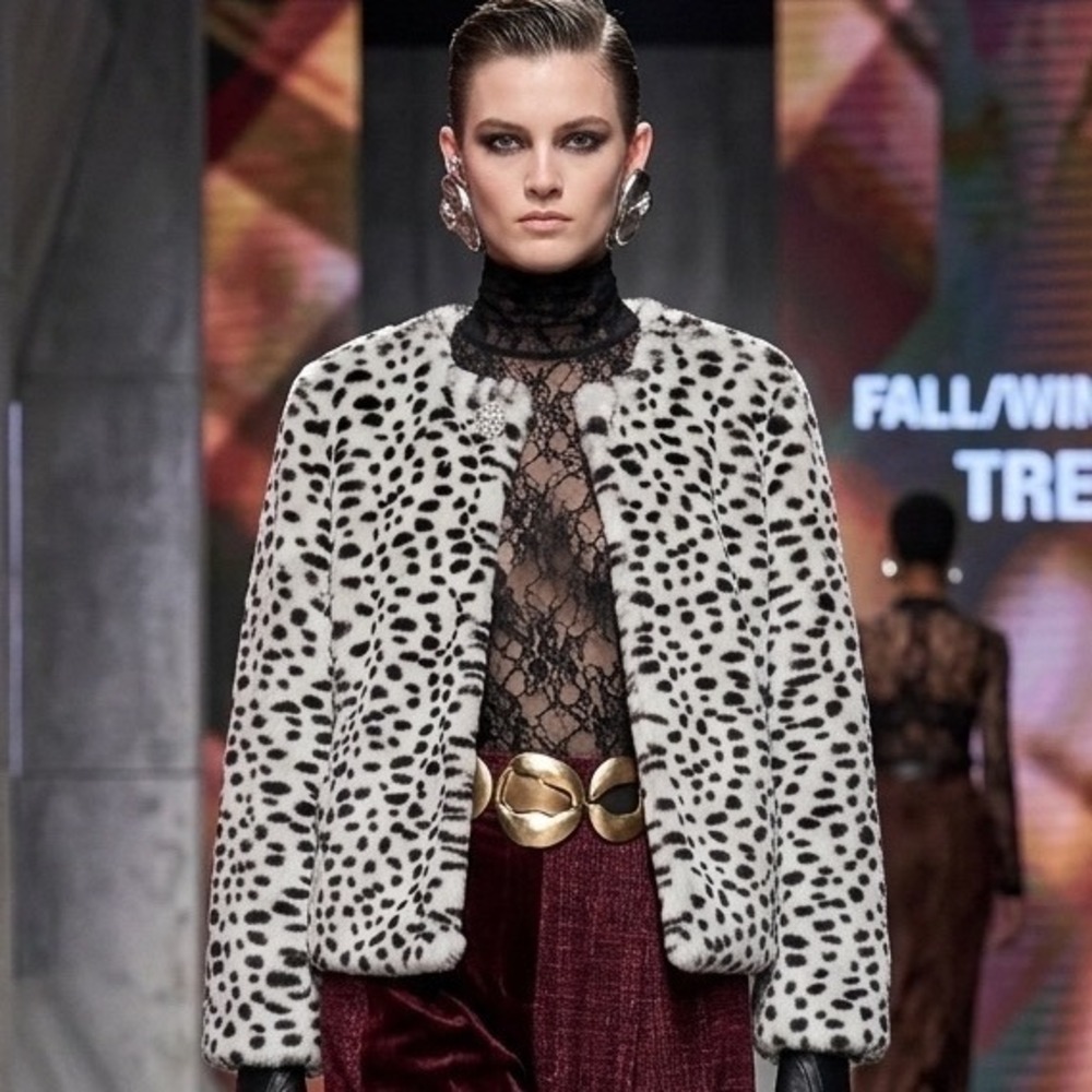 Maison Jules Snow Leopard Faux Fur Animal Print Jacket Bolero Black White Medium